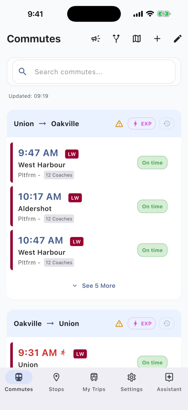 GoTrips showing the next GO trains from Union Station to Oakville and back, each on time or late, with coaches and platforms